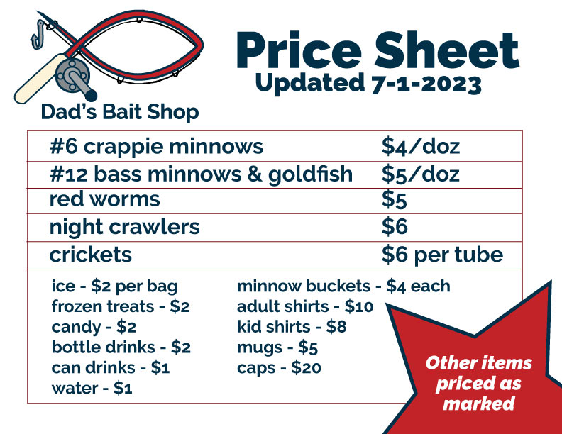 dads bait shop price sheet effective july 1, 2023