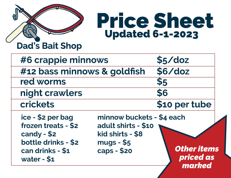 dad's bait shop price sheet june 2024
